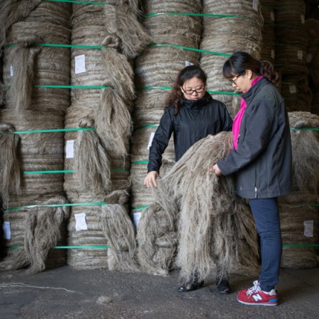 Yijia Xu, 33 ans et Jianwei Xia, 43 ans<br>responsables des achats, Kingdom, Heng Geng, province du Zhejiang, Chine <br>
Evaluation de la filasse à la coopérative du Vert-Galant<br>
« Nous souhaitons développer les liens entre notre usine et les agriculteurs pour échanger sur nos attentes mutuelles. » Yijia Xu